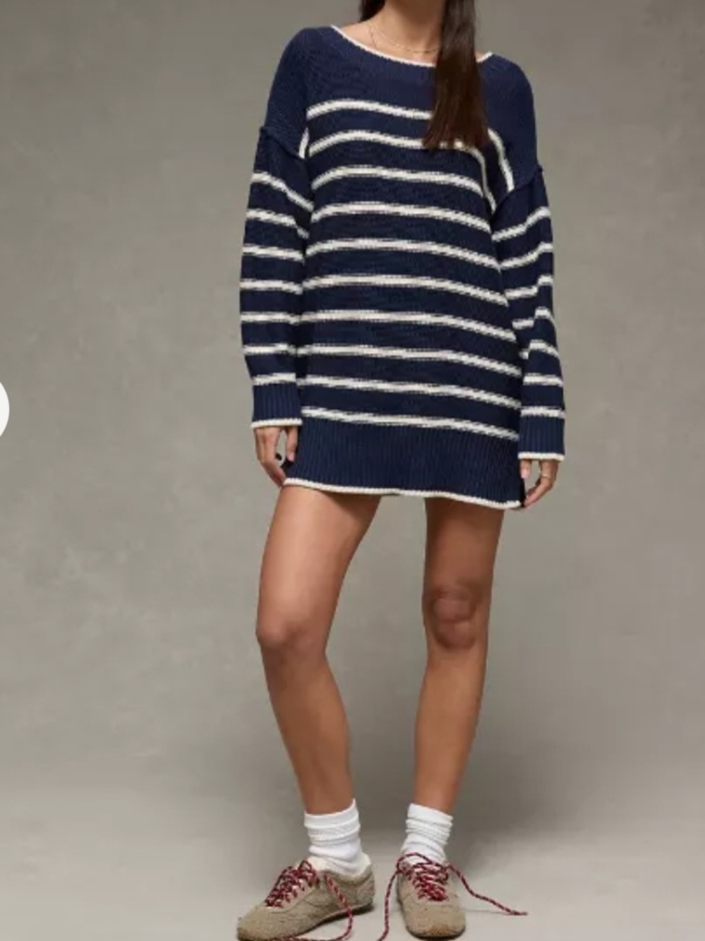 American Eagle Navy and White Striped - Women's Boat Neck Mini Sweater Dress Med